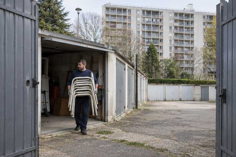 Chaises de jardin sorties d’un garage : chantier Rue André de Chenier