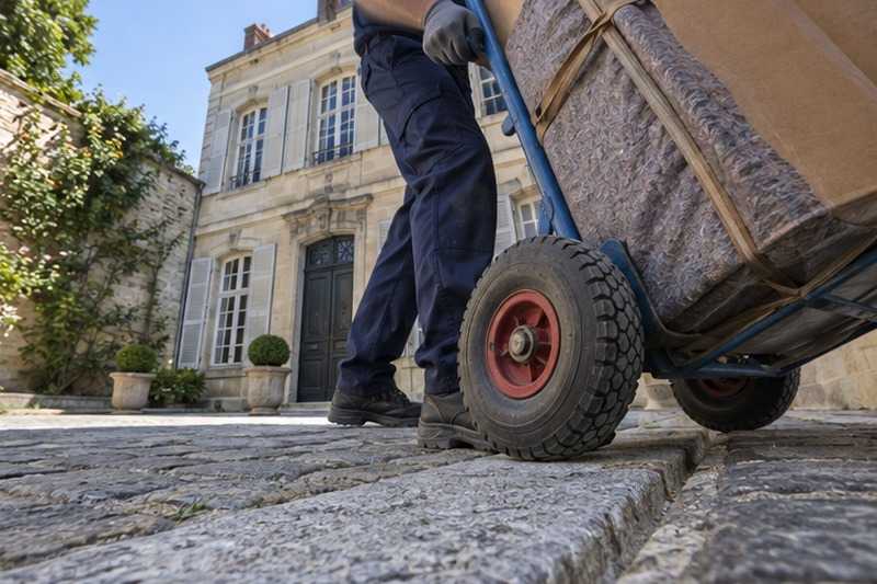 Diable sur le caniveau d’une cour ancienne : chantier Rue André le Nôtre