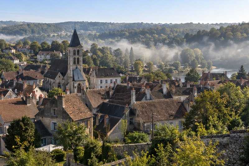 Toits d’une petite ville au matin