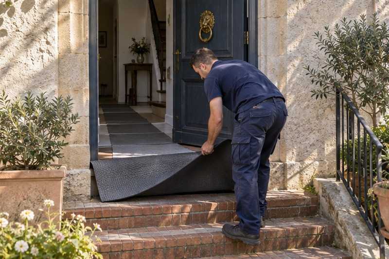 Tapis de protection sur le bord des marches : chantier Grande Rue