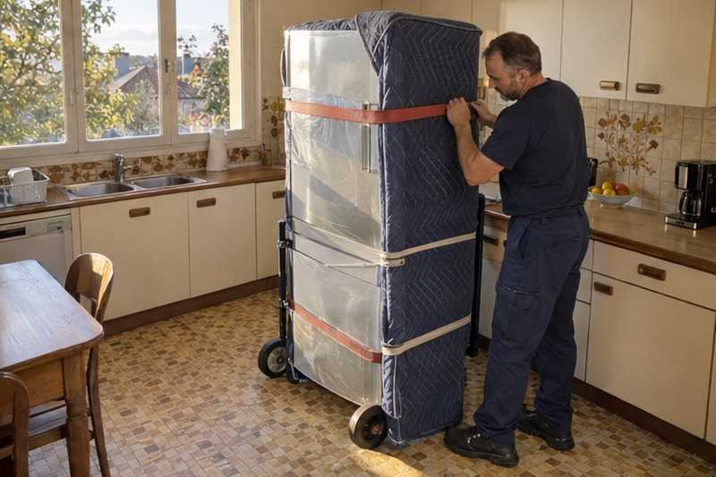 Réfrigérateur sanglé sous couvertures
