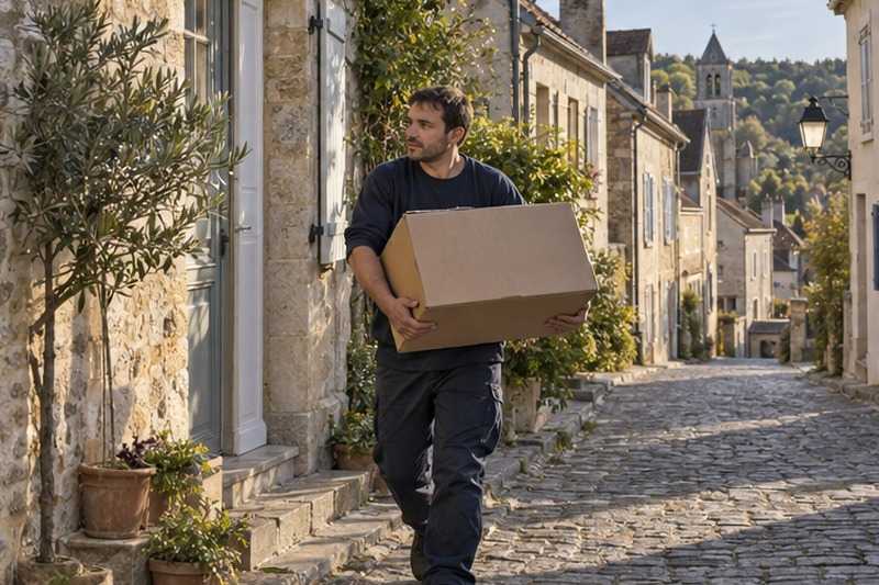 Carton porté sur un trottoir pavé : chantier Rue de Chatillon