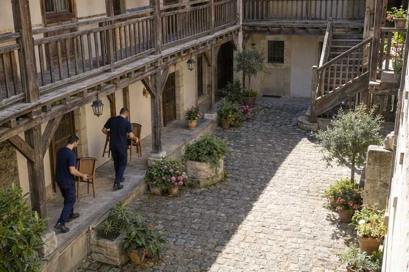 Chaises portées sous une galerie de bois : chantier Rue Amélie Evrard