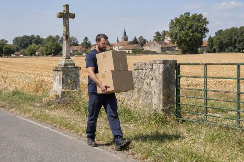 Cartons portés au bord d’une route de hameau : chantier Rue Aristide Briand