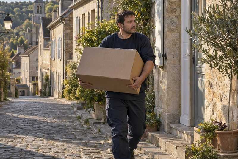 Carton porté sur un trottoir pavé : chantier Rue Armand Cachat