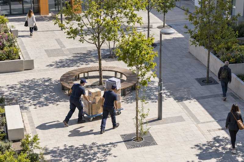 Chariot sur le parvis d’un centre urbain : chantier Rue Baudouin