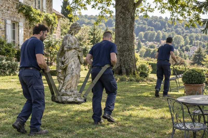 Statue de jardin portée à deux : chantier Rue Blanche de Castille
