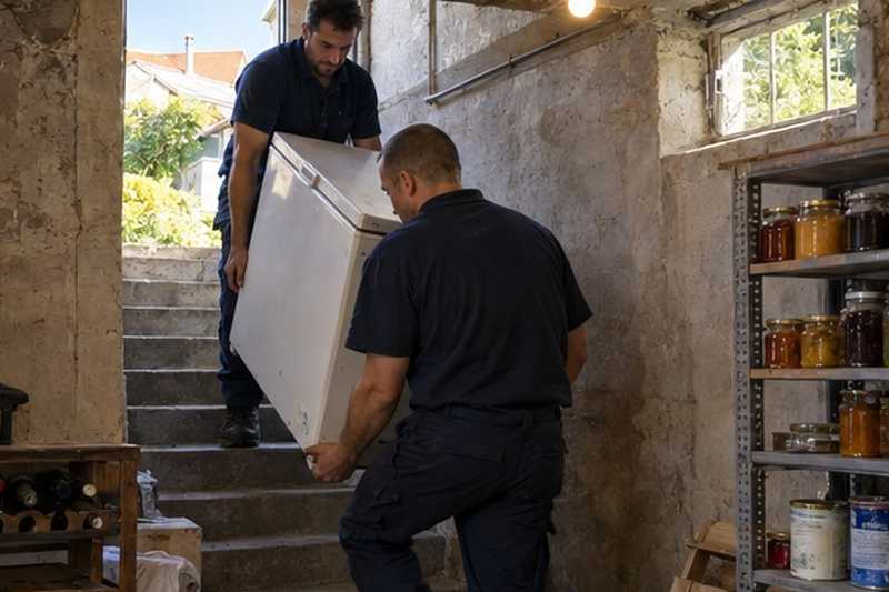 Congélateur descendu vers la cave : chantier Rue Bordet