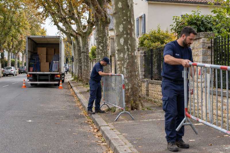 Barrière dépliée le long du trottoir : chantier Rue Christophe Colomb