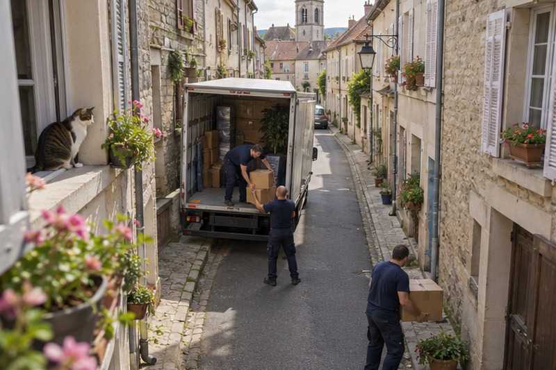 Petit camion dans une rue resserrée : chantier Rue Aux Lièvres
