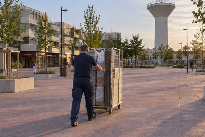 Chariot cage sur une place piétonne : chantier Rue Courte