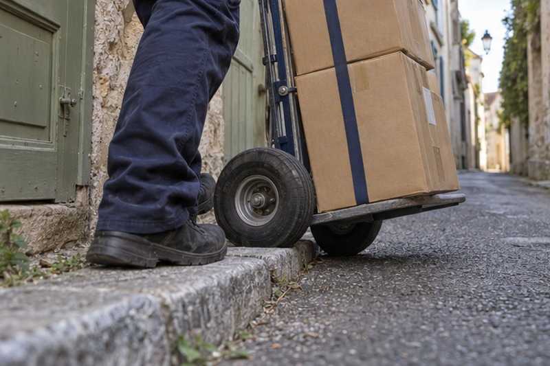 Diable longeant un trottoir étroit : chantier Rue d’Auvers