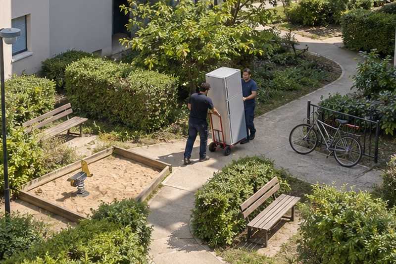 Réfrigérateur roulé entre les bancs : chantier Rue Albert Durer