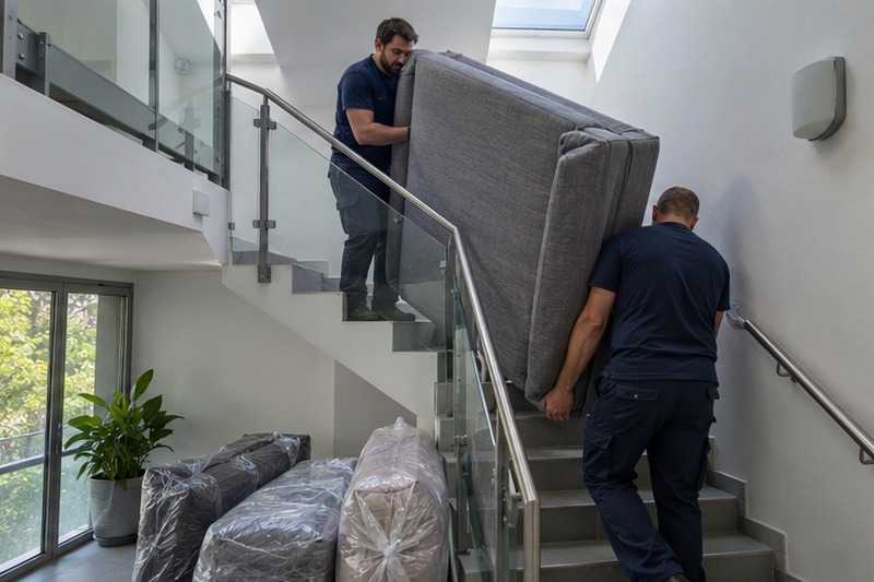 Canapé dressé dans un angle d’escalier : chantier Rue Clément Durand