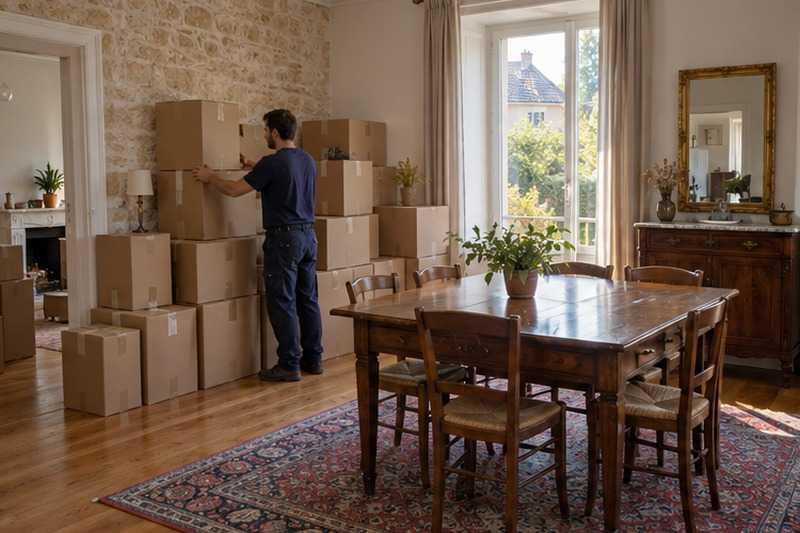 Salle à manger remplie de cartons