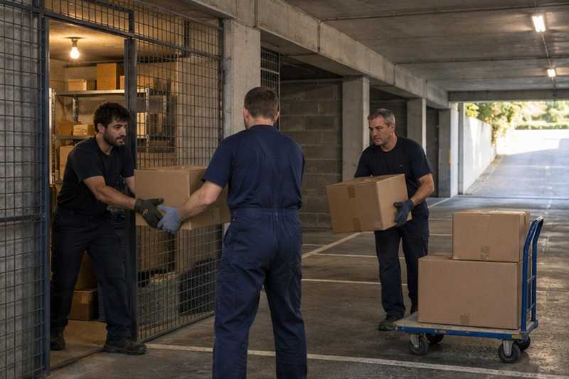 Cartons passés de main en main au sous-sol : chantier Rue au Lièvre