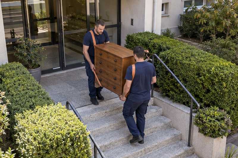 Commode sanglée sur des marches : chantier Rue de Bellevue
