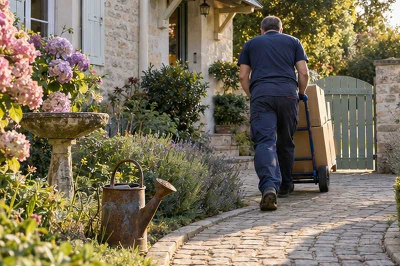 Diable sur un chemin de jardin fleuri : chantier Rue de la Belle Étoile