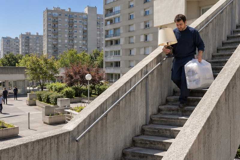 Escalier extérieur d’un grand ensemble : chantier Rue Alfred de Musset