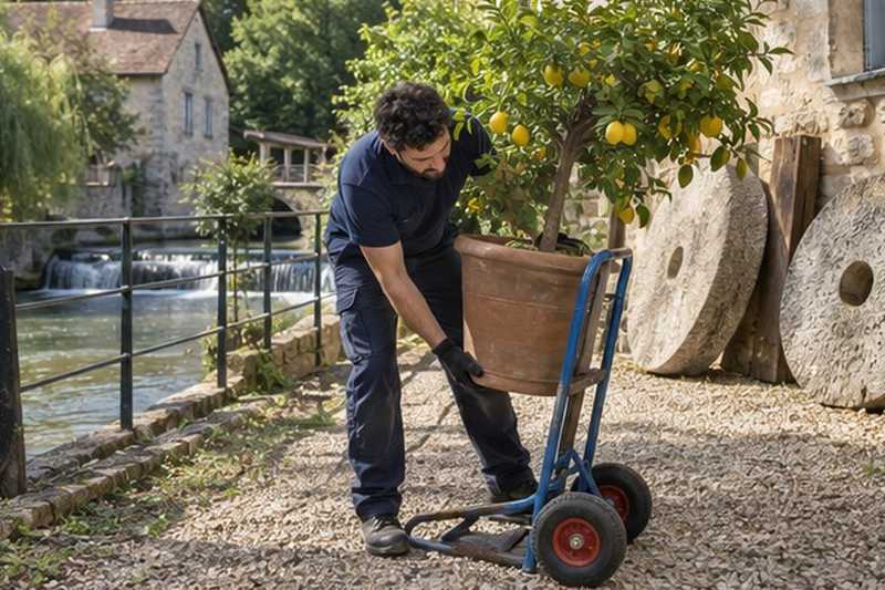 Citronnier en pot dans une cour de moulin