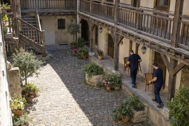 Chaises portées sous une galerie de bois : chantier Rue Alfred de Vigny