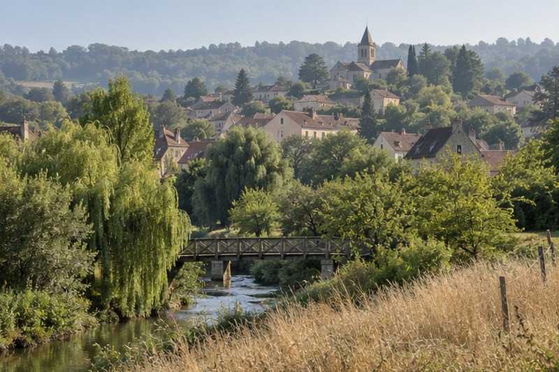 Vallée boisée et toits du village