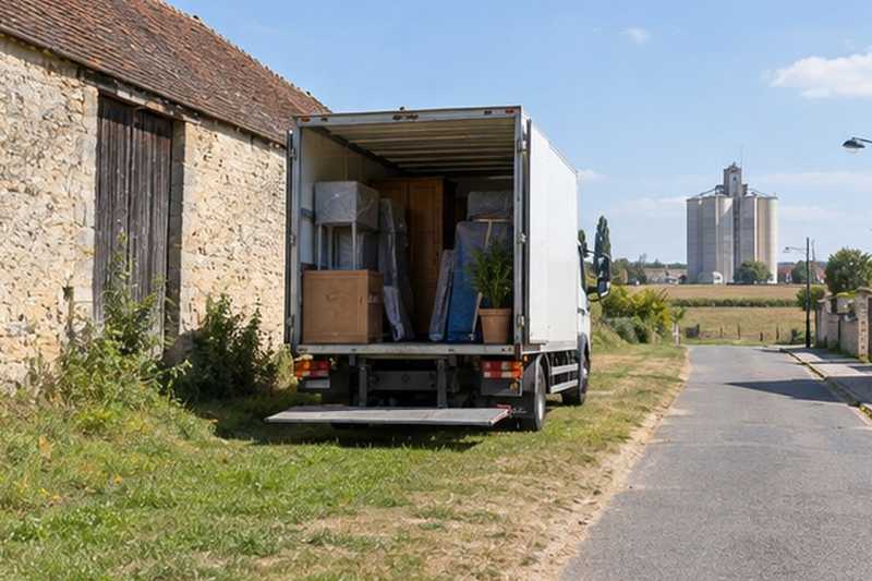 Camion arrêté dans une rue de village agricole : chantier Rue Camille Pelletan