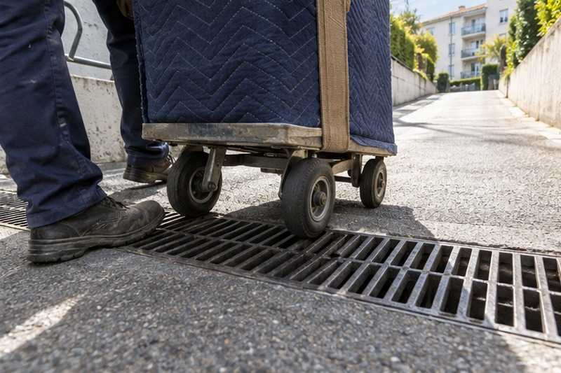 Roues de diable sur la grille de rampe : chantier Rue de l’Église