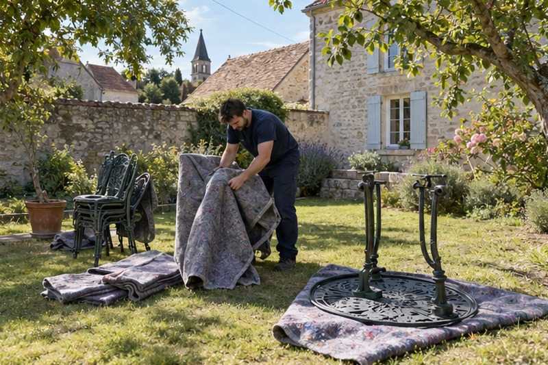 Salon de jardin emballé sur l’herbe : chantier Rue de la Ferme