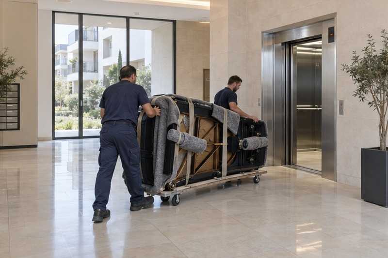 Piano à queue sur planche dans un hall : chantier Square des Brateaux