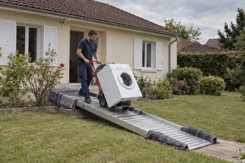 Rampe posée sur des marches : chantier Rue Charles Michels