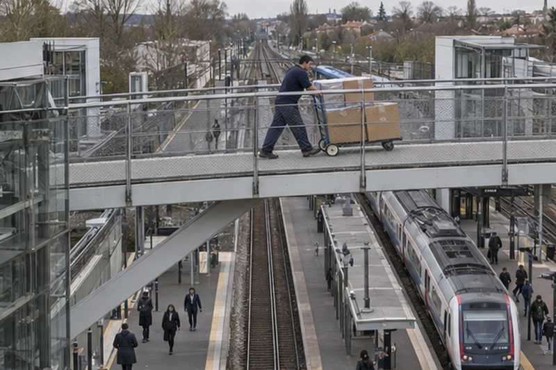 Chariot sur une passerelle piétonne : chantier Rue de la Beauce