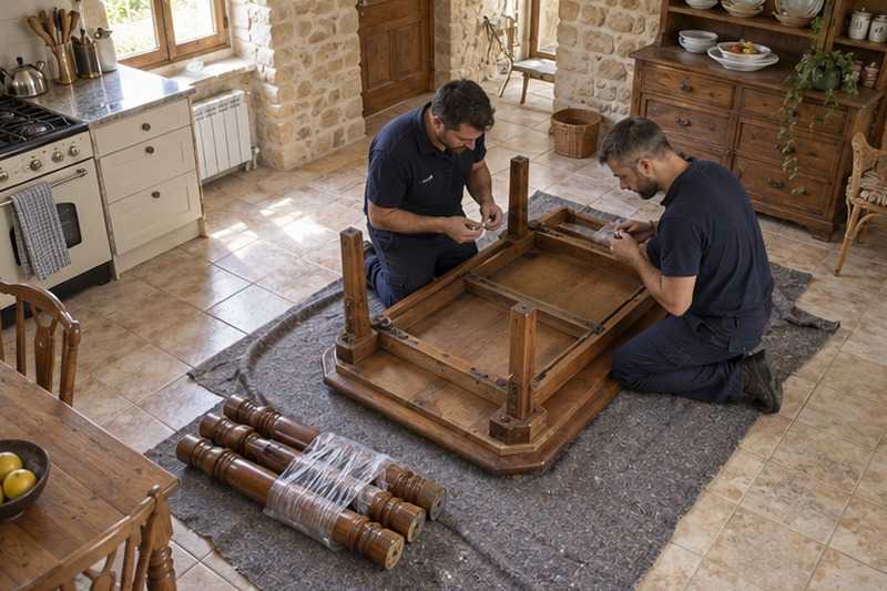 Table de ferme démontée pieds groupés