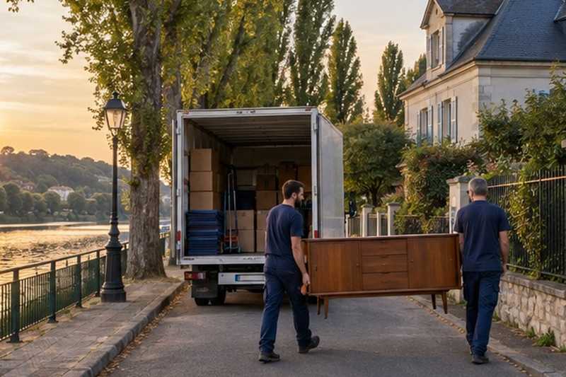 Camion garé en bord de fleuve : chantier Rue Aubin Bonnefon