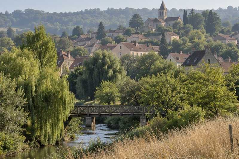 Vallée boisée et toits du village