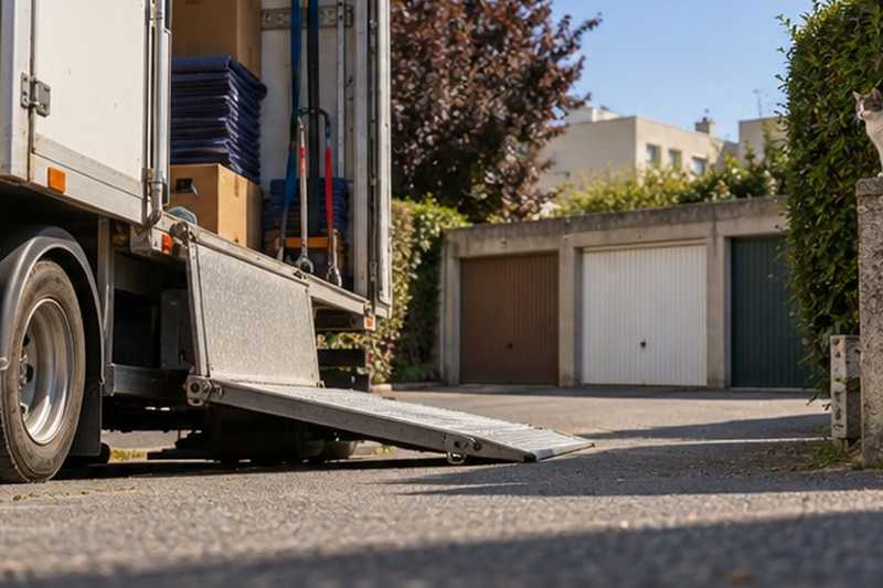 Rampe repliée d’un camion en impasse : chantier Rue André Breton