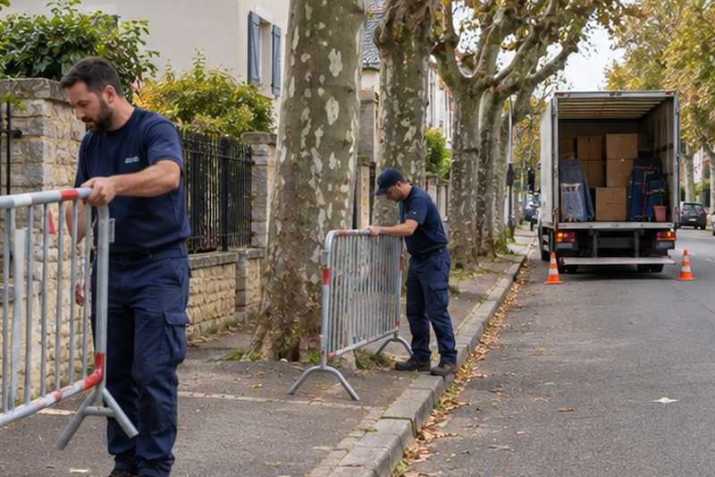 Barrière dépliée le long du trottoir : chantier Rue Bossuet