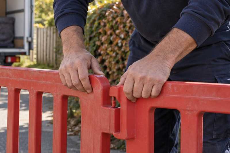 Barrières accrochées l’une à l’autre : chantier Rue des Roseaux