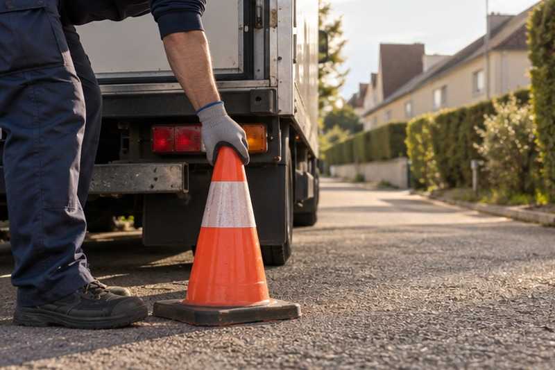 Cône posé à l’arrière du camion : chantier Rue Boileau