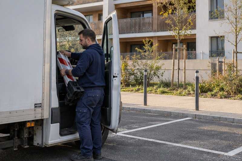 Rangement des barrières après le chargement : chantier Rue Bouillon Lagrange