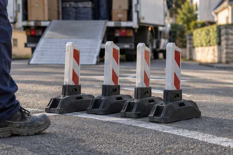 Pieds de barrières alignés sur l’asphalte : chantier Rue Chaudet