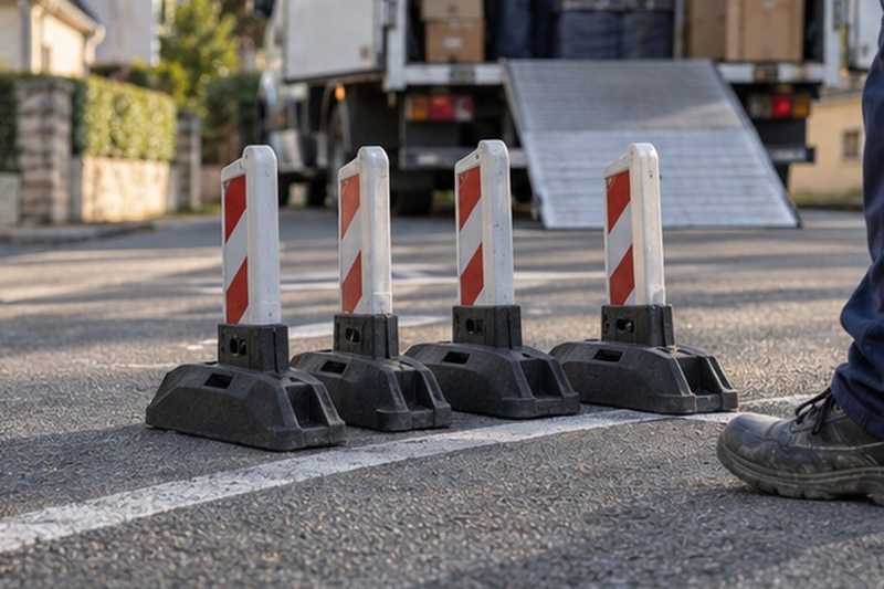 Pieds de barrières alignés sur l’asphalte
