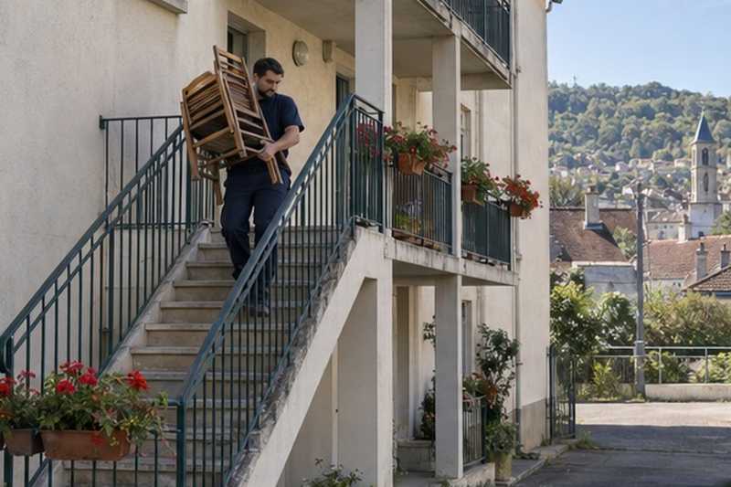 Chaises descendues par l’escalier de service : chantier Rue d’Edimbourg