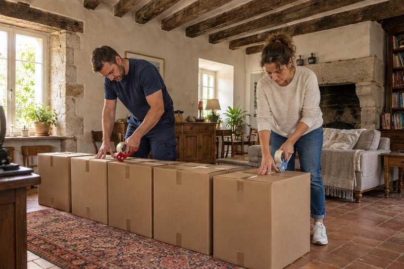 Cartons de livres fermés au salon