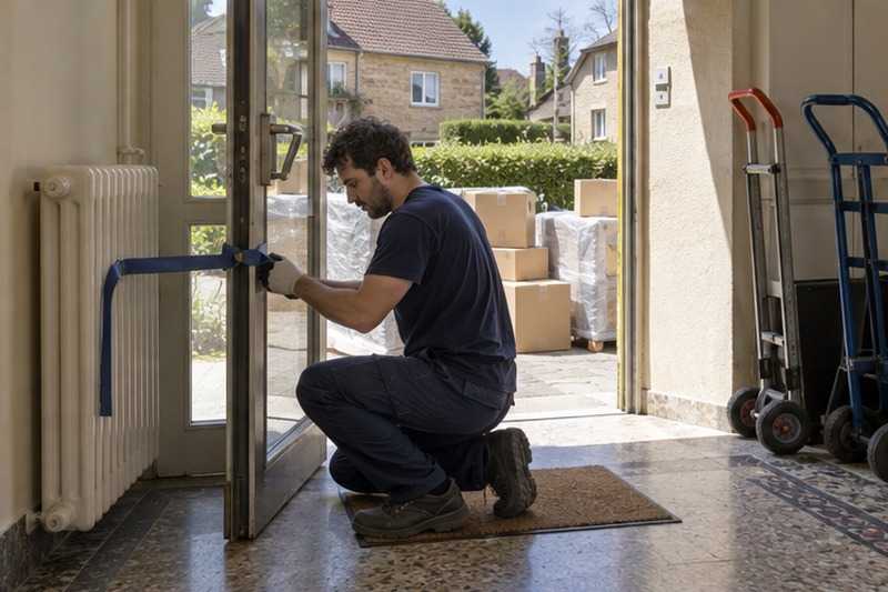 Porte intérieure maintenue par une sangle : chantier Rue Albert-Peuvrier