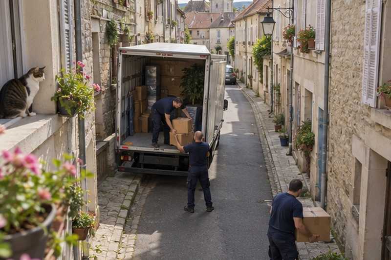 Petit camion dans une rue resserrée : chantier Rue Alexandre Dumas