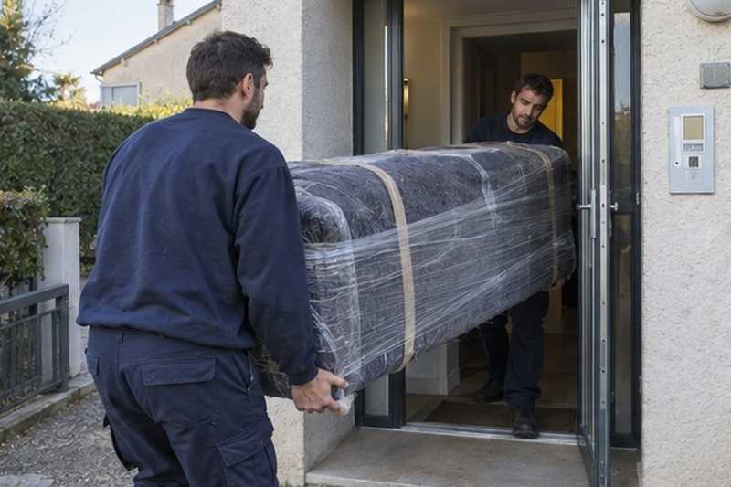 Canapé passé dans un double sas : chantier Rue Alphonse Daudet