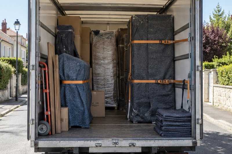 Meubles sanglés dans la caisse du camion