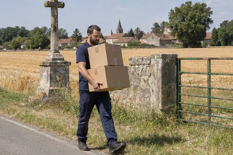 Cartons portés au bord d’une route de hameau : chantier Rue d’Enfer