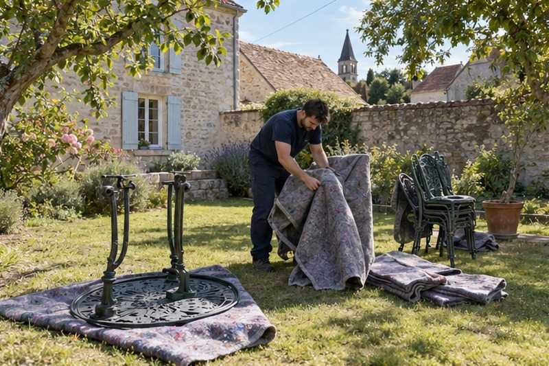 Salon de jardin emballé sur l’herbe : chantier Rue de la Libération